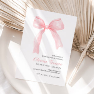 Invitación Ducha de bebé preppy con lazo rosa y cuadros gingh