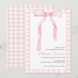 Invitación Ducha de bebé preppy con lazo rosa y cuadros gingh