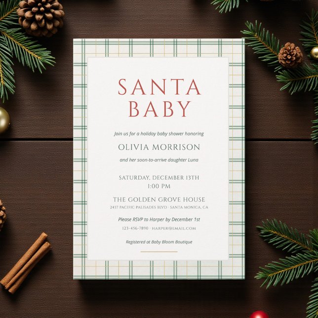Invitación Ducha de Bebé Preppy Plaid Santa Baby (Subido por el creador)