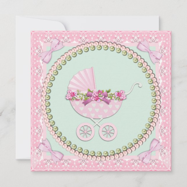 Invitación Ducha de bebé Pretty Pearl Rosa y Verde (Anverso)