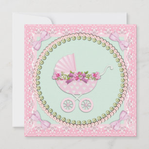 Invitación Ducha de bebé Pretty Pearl Rosa y Verde
