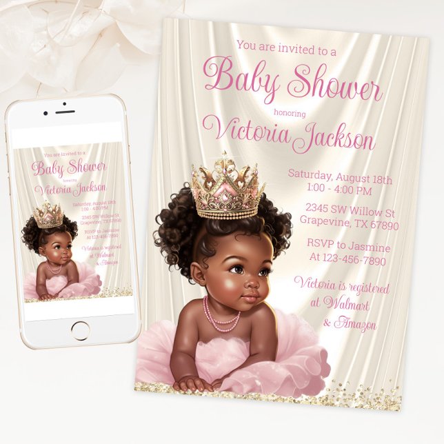 Invitación Ducha de Bebé Princesa Africana Rosa Dorado (Pink and gold tutu princess baby shower invitation for print and digital download.)