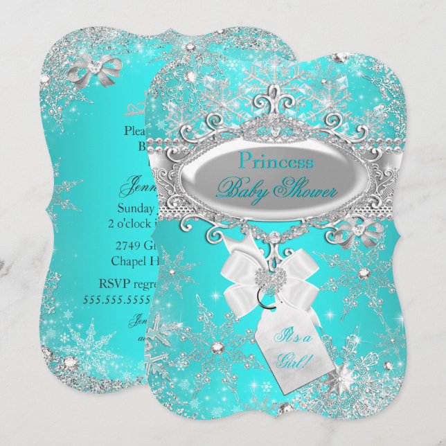 Invitación Ducha de Bebé Princesa Aqua Azul Invierno Mágico (Anverso / Reverso)