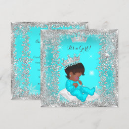 Invitación Ducha de Bebé Princesa Azul Teal Plateado Afroamer
