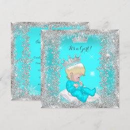 Invitación Ducha de Bebé Princesa Azul Turquesa Plata Rubia