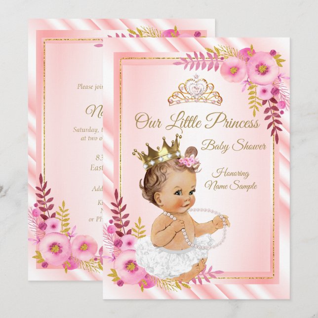 Invitación Ducha de Bebé Princesa Blanca Floral Rosa Morena (Anverso / Reverso)