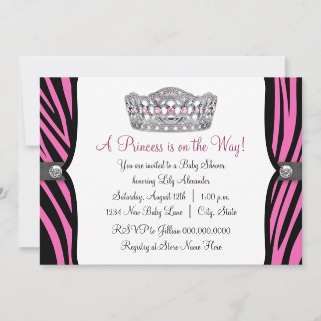 Invitación Ducha de Bebé Princesa Cebra Rosa Caliente Rosa Ne (Anverso)