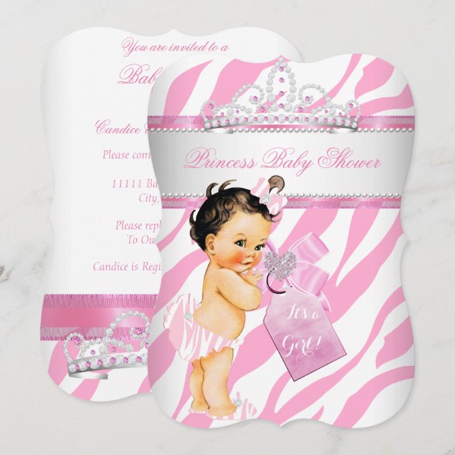 Invitación Ducha de Bebé Princesa Cebra Rosa Niña Morena (Anverso / Reverso)