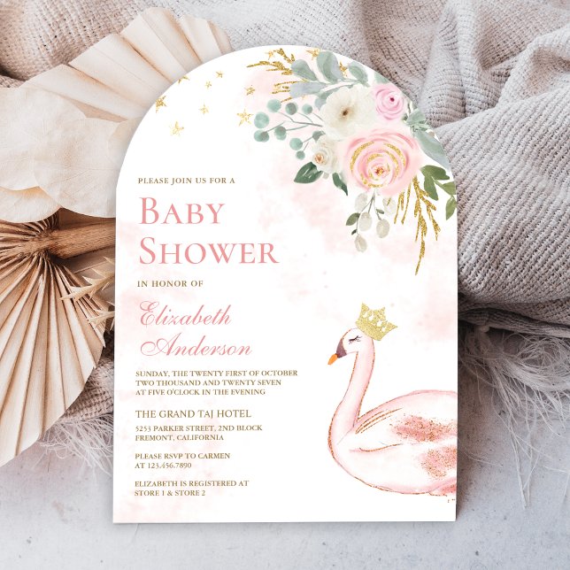 Invitación Ducha de Bebé Princesa Cisne Floral Rosa Rubor (Subido por el creador)