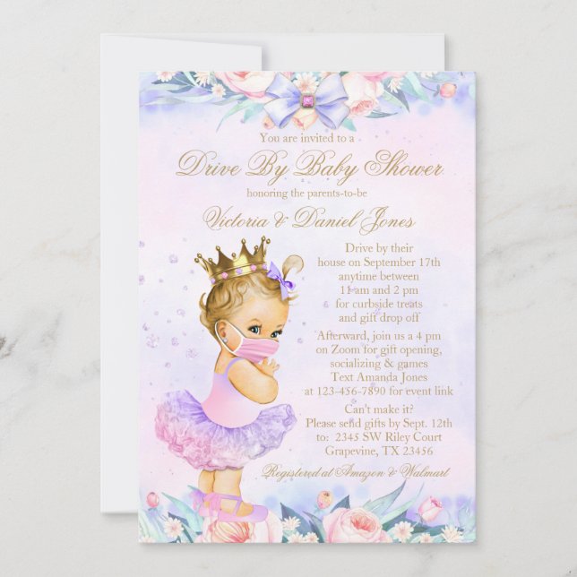 Invitación Ducha de Bebé Princesa Con Máscara en el Coche (Anverso)
