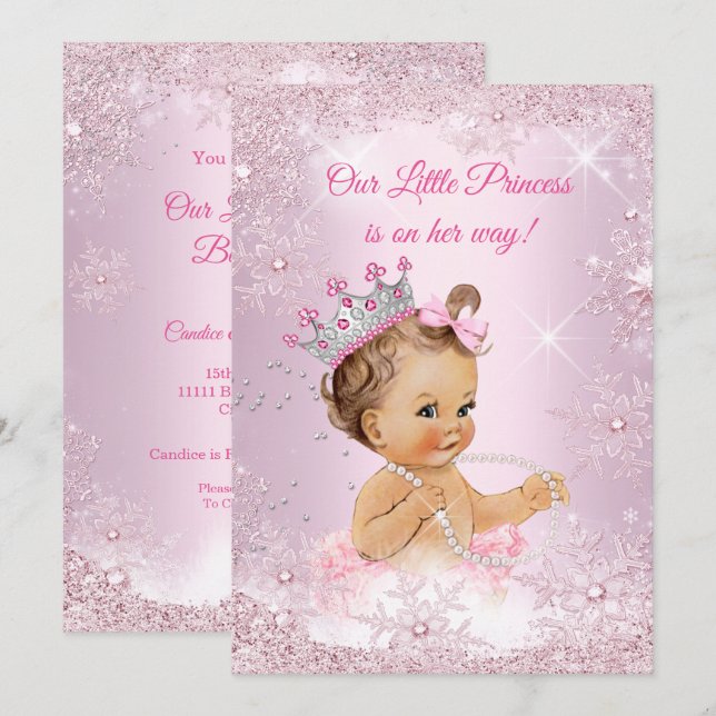 Invitación Ducha de Bebé Princesa Copo de Nieve Rosa Invierno (Anverso / Reverso)
