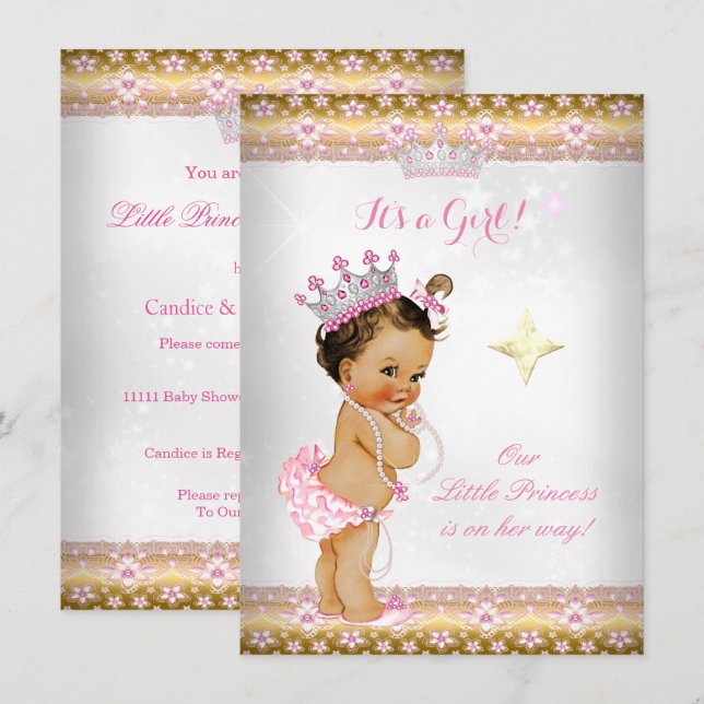 Invitación Ducha de Bebé Princesa Corona Brunett Rosa Blanco  (Anverso / Reverso)