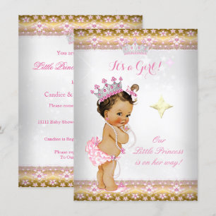 Invitación Ducha de Bebé Princesa Corona Brunett Rosa Blanco 
