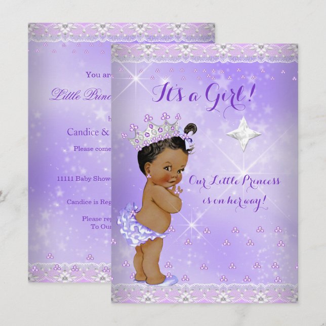 Invitación Ducha de Bebé Princesa Corona Lila Lavanda Étnica (Anverso / Reverso)