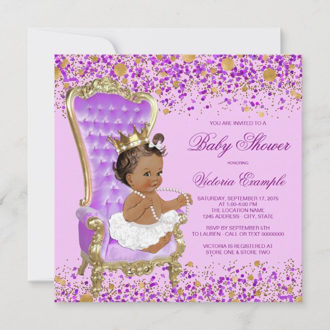 Invitación Ducha de Bebé Princesa de Oro Lila (Anverso)