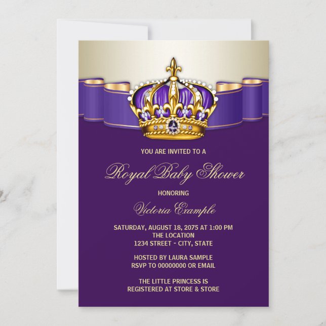 Invitación Ducha de Bebé Princesa Dorada Púrpura Real (Anverso)