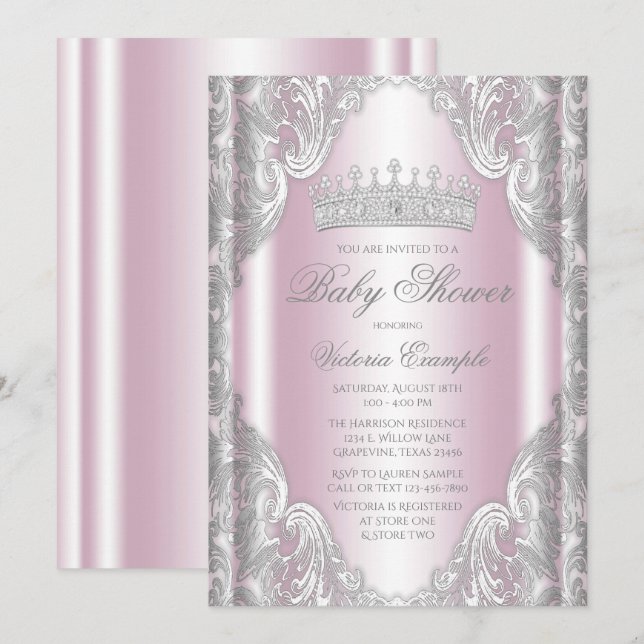 Invitación Ducha de Bebé Princesa Fantasía Gris Plateado Rosa (Anverso / Reverso)