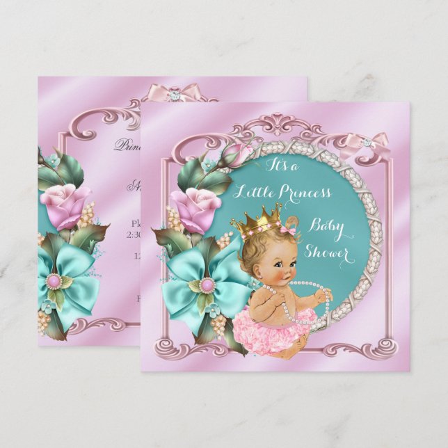Invitación Ducha de Bebé Princesa Floral Rosa Teal Bebé Rubia (Anverso / Reverso)