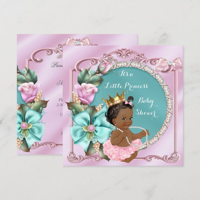 Invitación Ducha de Bebé Princesa Floral Turquesa Rosa Étnico (Anverso / Reverso)