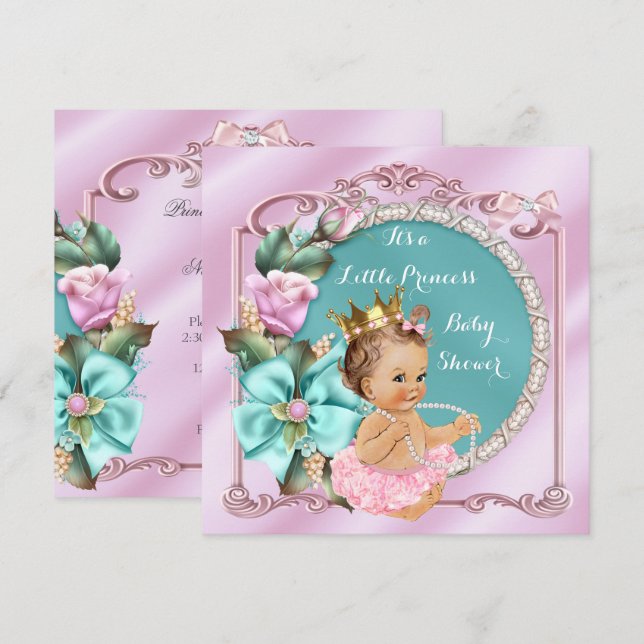 Invitación Ducha de Bebé Princesa Floral Turquesa Rosa Morena (Anverso / Reverso)