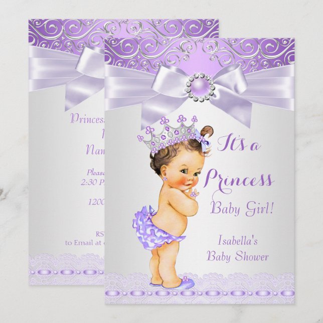 Invitación Ducha de bebé princesa lirio blanco lavanda morena (Anverso / Reverso)