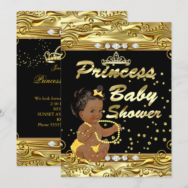 Invitación Ducha de Bebé Princesa Negro Dorado Sprinkle Étnic (Anverso / Reverso)