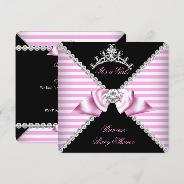 Invitación Ducha de Bebé Princesa Negro Rosa Raya Lazo Diaman (Anverso / Reverso)
