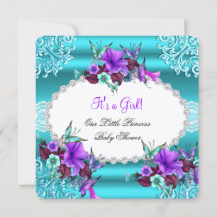Invitación Ducha de Bebé Princesa Niña Azul Teal Púrpura Flor