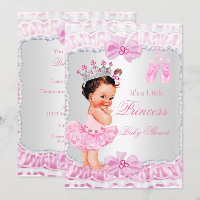 Invitación Ducha de Bebé Princesa Niña Bailarina Rosa Morena (Anverso / Reverso)