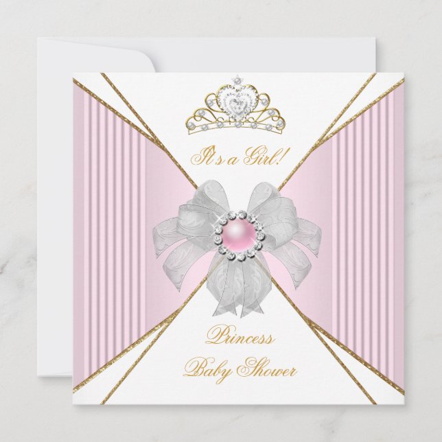 Invitación Ducha de Bebé Princesa Niña Blanca Rosa Perla Oro (Anverso)