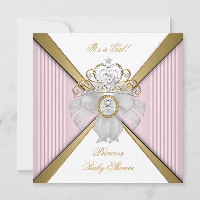 Invitación Ducha de Bebé Princesa Niña Blanco Rosa Dorado (Anverso)