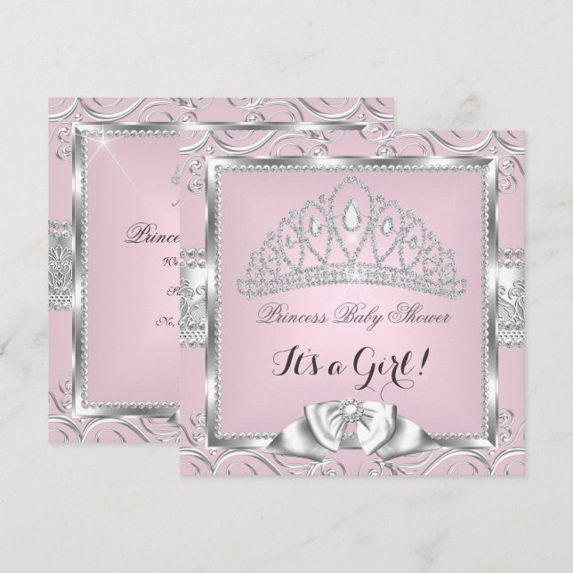 Invitación Ducha de Bebé Princesa Niña damasco rosa plata (Anverso / Reverso)
