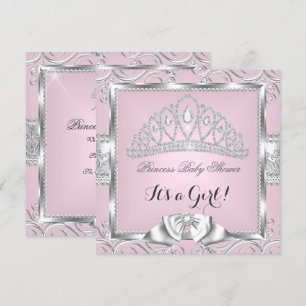 Invitación Ducha de Bebé Princesa Niña damasco rosa plata