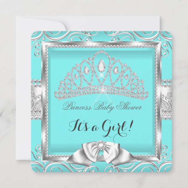Invitación Ducha de bebé princesa niña damasco verde azulado  (Anverso)