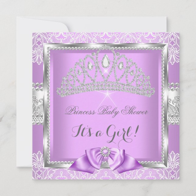 Invitación Ducha de Bebé Princesa Niña Encaje Lavanda Platead (Anverso)