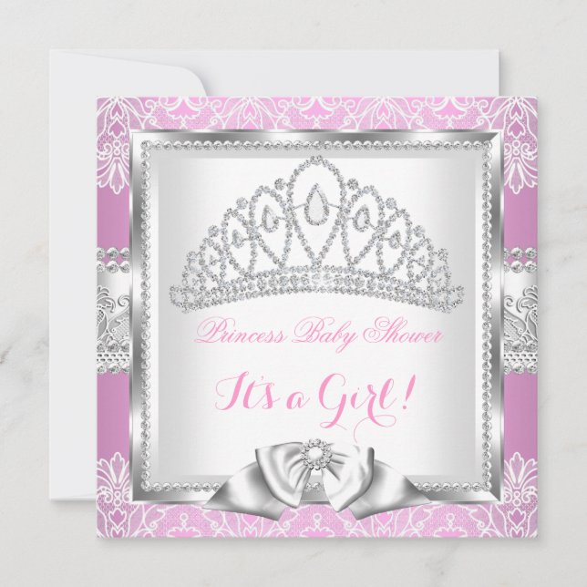 Invitación Ducha de Bebé Princesa Niña Encaje Rosa Plateado 2 (Anverso)