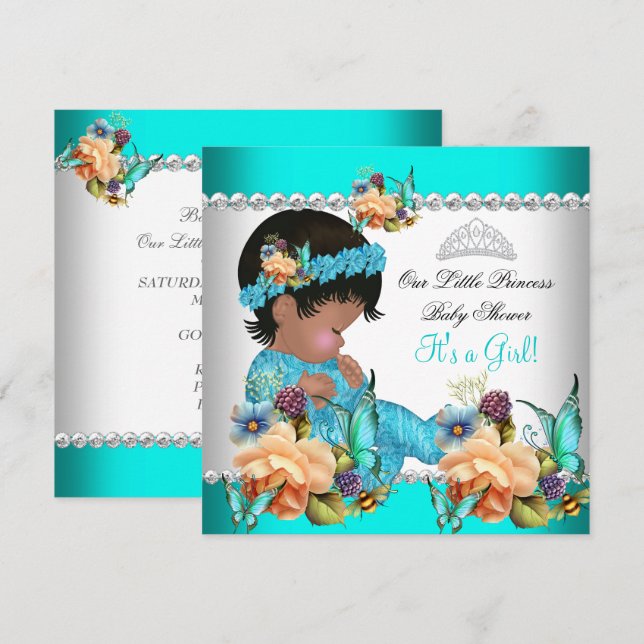 Invitación Ducha de Bebé Princesa Niña Flores Azul Teal (Anverso / Reverso)