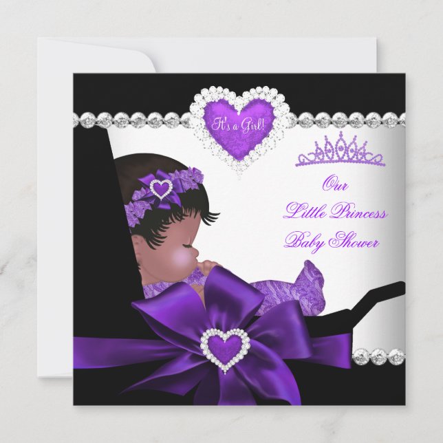 Invitación Ducha de Bebé Princesa Niña Morado Afroamericana (Anverso)