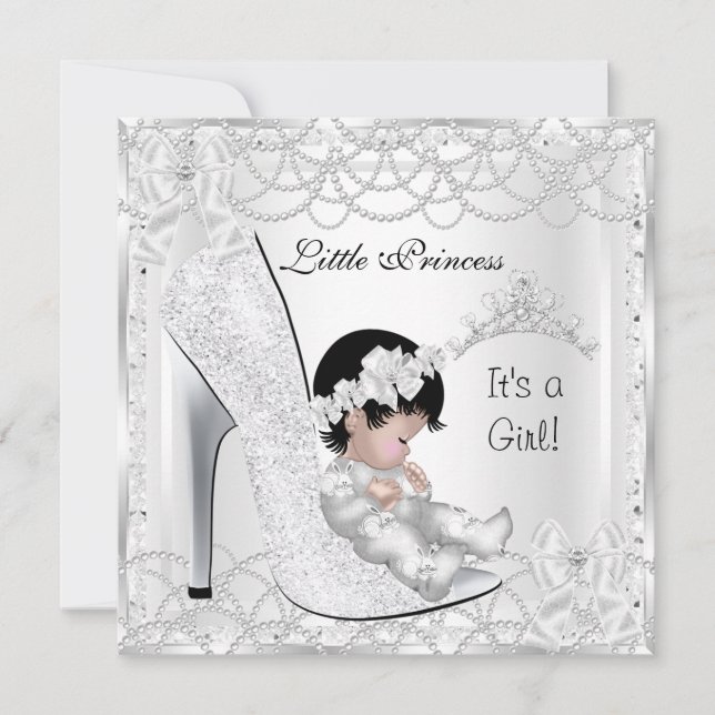Invitación Ducha de Bebé Princesa Niña Perla Blanca Plateada (Anverso)