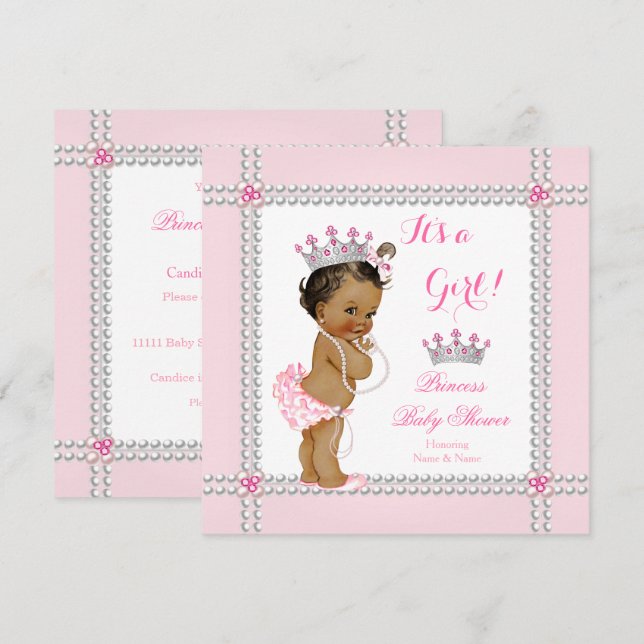 Invitación Ducha de Bebé Princesa Niña Perlas Rosadas Étnico (Anverso / Reverso)