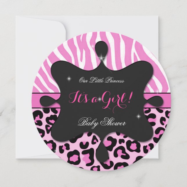 Invitación Ducha de Bebé Princesa Niña Rosa Leopardo Cebra 2 (Anverso)
