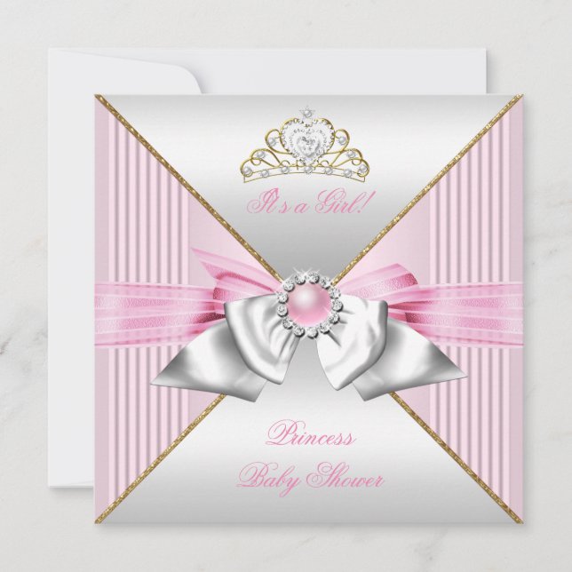 Invitación Ducha de bebé princesa niña rosa perla oro plata 2 (Anverso)