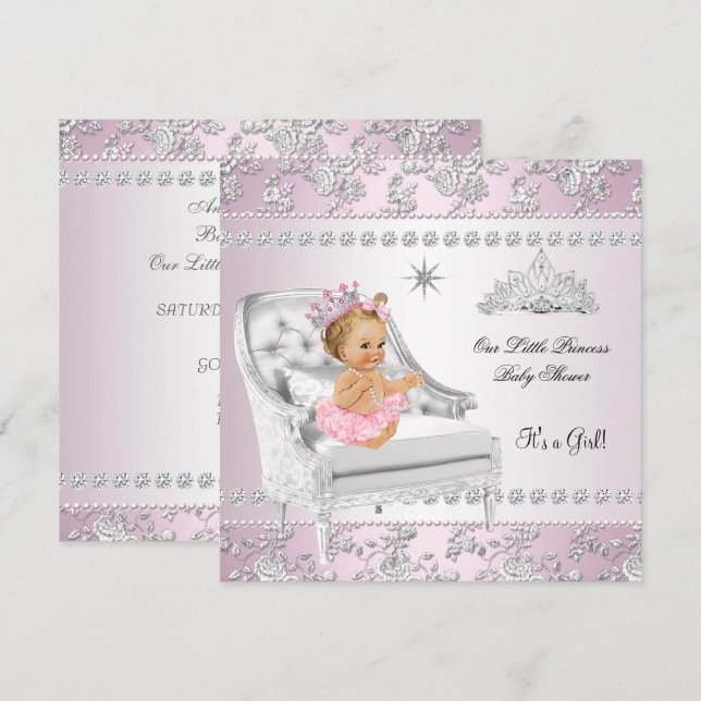 Invitación Ducha de bebé princesa niña rosa silla plateada ru (Anverso / Reverso)