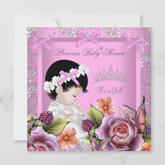 Invitación Ducha de Bebé Princesa Niña Rosa Tiara Damask (Anverso)