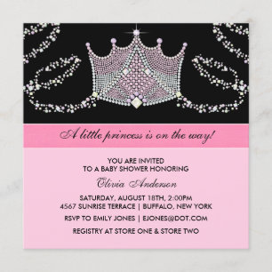 Invitación Ducha de Bebé Princesa Niña Tiara Rosa Negro