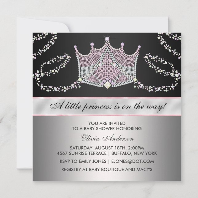 Invitación Ducha de Bebé Princesa Niña Tiara Rosa Negro (Anverso)