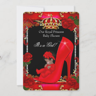 Invitación Ducha de Bebé Princesa Niña Zapato Rojo Rosa Dorad