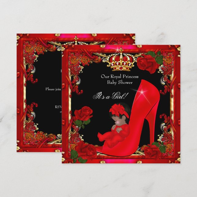 Invitación Ducha de Bebé Princesa Niña Zapato Rojo Rosa Dorad (Anverso / Reverso)