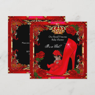 Invitación Ducha de Bebé Princesa Niña Zapato Rojo Rosa Dorad