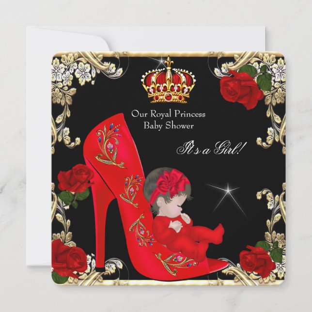 Invitación Ducha de Bebé Princesa Niña Zapato Rosa Roja Dorad (Anverso)